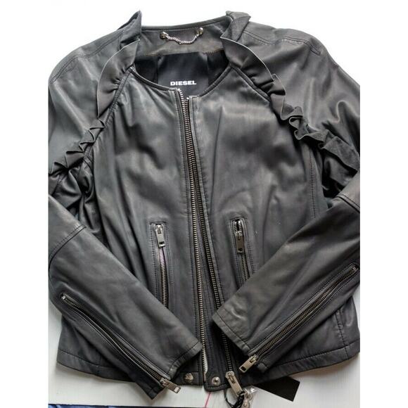 DIESEL Women's LEATHER JACKET Charcoal Gray L’HEZE Ruffle Detail NWT - Picture 7 of 10